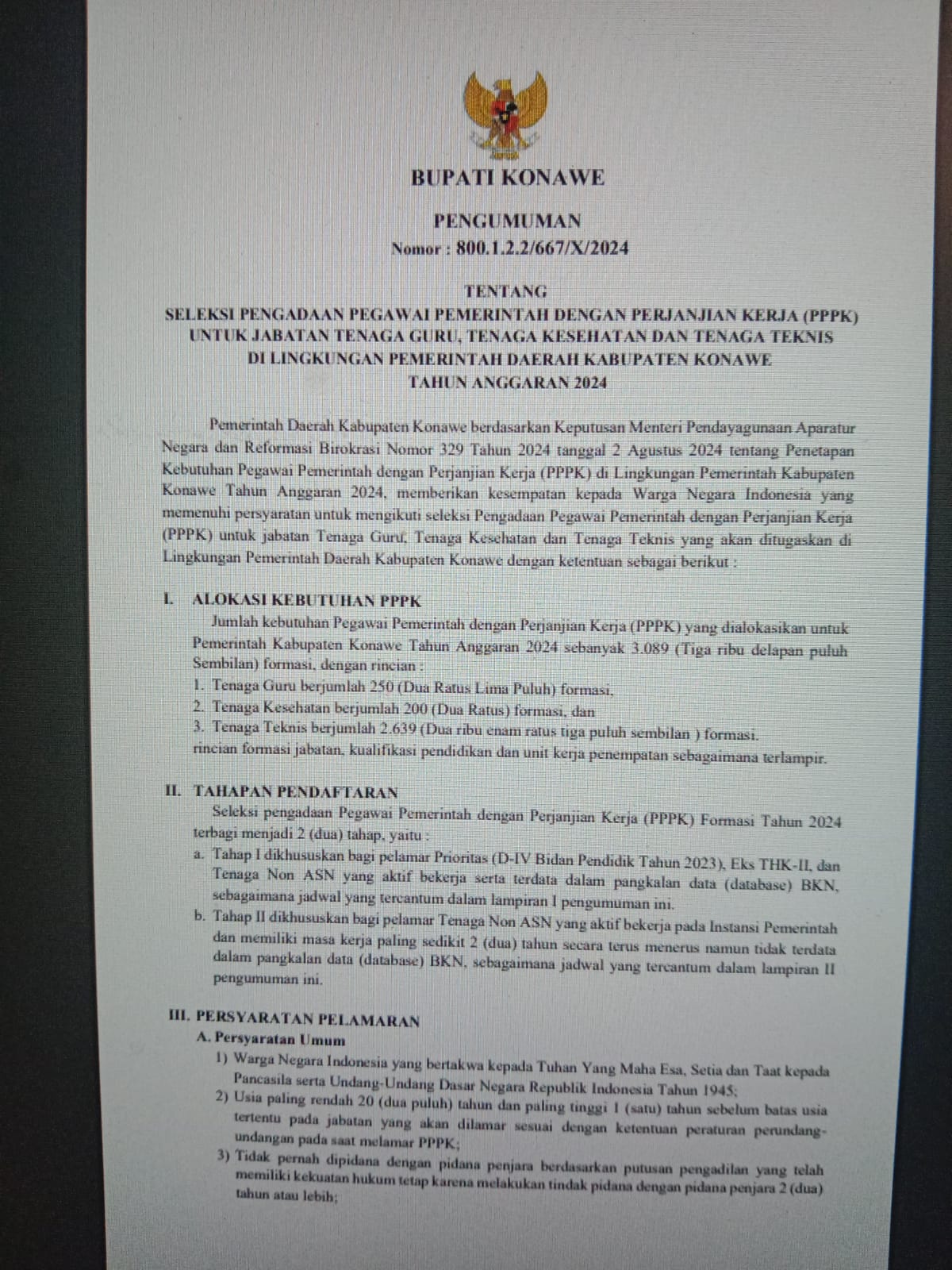 PENGUMUMAN SELEKSI PENGADAAN PPPK DI LINGKUNGAN PEMERINTAH KABUPATEN KONAWE T.A 2024