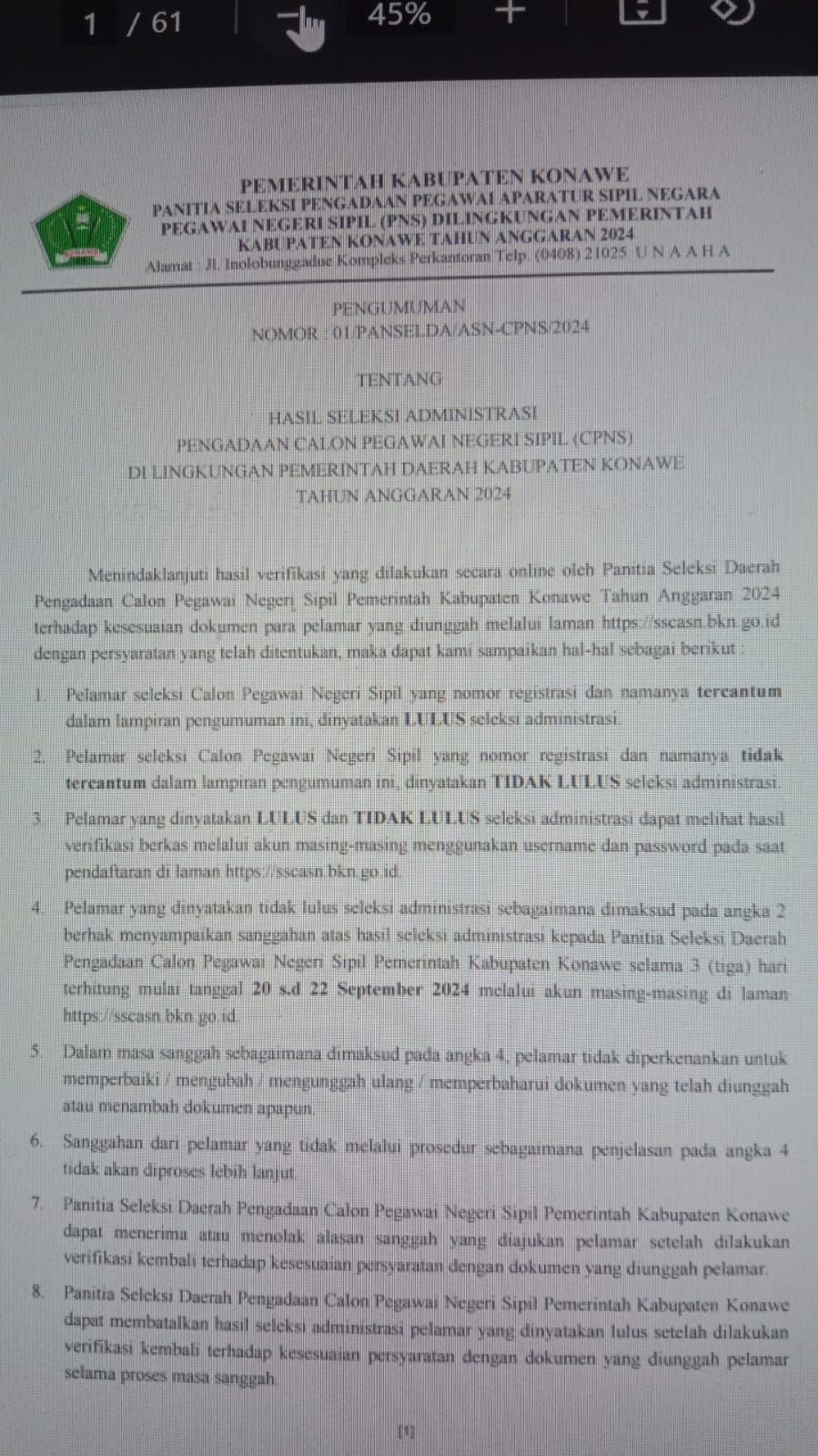 PENGUMUMAN HASIL VERIFIKASI PADA MASA SANGGAH SELEKSI ADMINISTRASI CPNS 2024