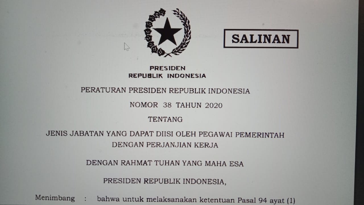 Perpres Nomor 38 Tahun 2020 TENTANG JENIS JABATAN YANG DAPAT DIISI OLEH PEGAWAI PEMERINTAH DENGAN PERJANJIAN KERJA